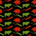 Bulls and bears traders seamless pattern. Green Red Bull and bear. Rise and fall of course. Green arrow up. Red arrow down. Royalty Free Stock Photo