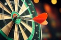 Bulls eye closeup dart embodies success, hitting the target