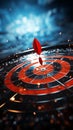 Bulls-eye success: Red arrows hit target center, symbolizing accomplished business objectives.