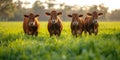 Bulls Grazing Peacefully On Lush Morning Pasture In A Closeup Shot, Copy Space Royalty Free Stock Photo