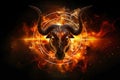 A bulls head is surrounded by fierce flames and billowing smoke, creating a dramatic and intense scene