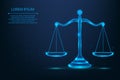 Abstract mesh line and point scales of justice symbols. Low poly wireframe law judgement concept. Polygonal vector futuristic