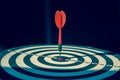 The bullseye, or bull`s-eye or dart board has dart arrow hitting the center of a shooting target for business targeting Royalty Free Stock Photo