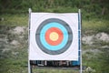 Bullseye target paper, outdoor and board at shooting range for weapon training, aim and accuracy. Sports, archery and
