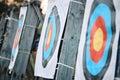 Bullseye target paper, outdoor and field at shooting range for weapon training, aim and accuracy. Sports, archery and