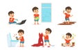 Bully Boy in Different Situations Set, Funny Hoodlum Little Kid, Bad Child Behavior Vector Illustration on White