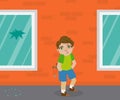 Bully Boy with Slingshot Standing in Front of Crashed Window, Hoodlum Kid, Bad Behavior Vector Illustration