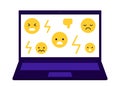 Bully, dislike, mockery online social media in computer. Emoji in laptop. Problem harassment, cyber bulling, victim and troll.