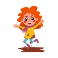 Bully Girl Character Jumping into Dirty Puddle, Naughty Hoodlum Kid Character Cartoon Style Vector Illustration