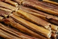 Bully sticks for dogs. Close-up of dried chew pet treats