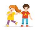 Bullying children. Angry boy pulling girl`s hair. She grabs her head with an open mouth look of shock and pain. Problem of