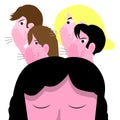 Bullying conceptual vector illustration with sad girl, female teenager molested by a group of teens