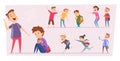 Bullying kids. Teasing stressed children conflict pupils in school little scare characters problem peoples vector set