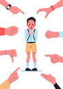 Bullying school poster. Vector illustration of a shy confused boy with backpack stands at school and others laughing and mocking Royalty Free Stock Photo