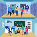 Bullying at school with sad cuacasian boy teenager being bullied by classmates in high school vector illustration. Royalty Free Stock Photo