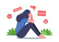 Bullying in Social Media, Bulling Abuse and Harassment Concept. Female Character Sitting with Covered Face Crying