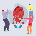 Bullying vector illustration, people tease cartoon unhappy heart with wounds.