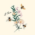 Bumble Bee and flower embroidery vector design,