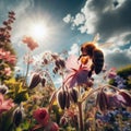 Bumble bee pollenates flowers in garden