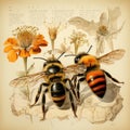 bumblebee bee Botanical Scrapbook Sketches flowers illustration collage postcard print bouquet Royalty Free Stock Photo