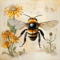 bumblebee bee Botanical Scrapbook Sketches flowers illustration collage postcard print bouquet Royalty Free Stock Photo