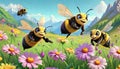 Bumblebee cartoon caricature flight feeding nectar flowers