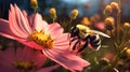Bumblebee collecting pollen from a pink cosmos flower in the garden Generative AI