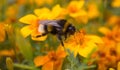 Bumblebee collects nectar from a yellow flower. Bumblebee on a flower. Small insect. Royalty Free Stock Photo