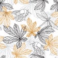 seamless umblebee, firefly and chestnut leaves design Royalty Free Stock Photo