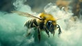 Bumblebee surrounded by ethereal green smoke, an enchanting sight blending nature\'s grace