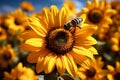 Bumblebee on vibrant sunflower, close up capturing natures pollination moment Royalty Free Stock Photo