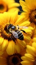 Bumblebee on vibrant sunflower, close up capturing natures pollination moment Royalty Free Stock Photo