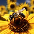 Bumblebee on vibrant sunflower, close up capturing natures pollination moment Royalty Free Stock Photo