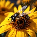 Bumblebee on vibrant sunflower, close up capturing natures pollination moment Royalty Free Stock Photo