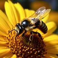 Bumblebee on vibrant sunflower, close up capturing natures pollination moment Royalty Free Stock Photo