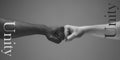 African and caucasian hands gesturing on gray studio background, tolerance and equality concept. Unity.