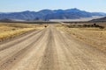 Bumpy road to mountains and through dry desert grassland.