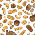 Bun, bagel, baguette and other bakery foods. Vector seamless pattern in retro style Royalty Free Stock Photo