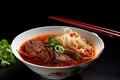 Bun Bo Hue, generative AI Vietnamese spicy beef noodle soup made with vermicelli noodles, beef shank, and lemongrass