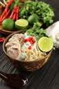 Bun Bo Hue, Bun Bo, Vietnamese Beef Noodle Soup Spicy. bowl of Beef and Rice Vermicelli Soup