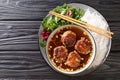 Bun cha is a delicious balance of noodles, a lot of herbs, a beautiful dressing and meatballs cooked over fire closeup on the Royalty Free Stock Photo