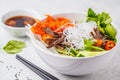 Bun cha salad bowl. Vietnamese rice noodle with beef and chilli