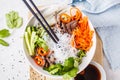 Bun cha salad bowl. Vietnamese rice noodle with beef and chilli