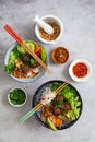 Bun Cha top down view of two Vietnamese vermicelli bowls