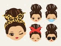 Cute Girls with Messy Bun and Bandana Hairstyle Vector