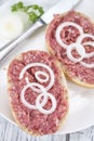 Bun with Mett (German cuisine; selective focus) Royalty Free Stock Photo