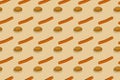 Bun with sesame seeds and sausage are the main elements of hotdog in a seamless pattern. Fast food