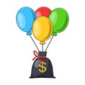 Bunch of air balloons, group of ball with ribbon, money bag with dollar sign isolated on white background. Colorful. Business, Royalty Free Stock Photo