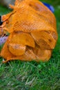 A bunch of alder firewood in an orange bag on green grass Royalty Free Stock Photo