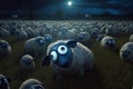 Bunch of alien creature Sheep are in a field with a green light, AI Generated